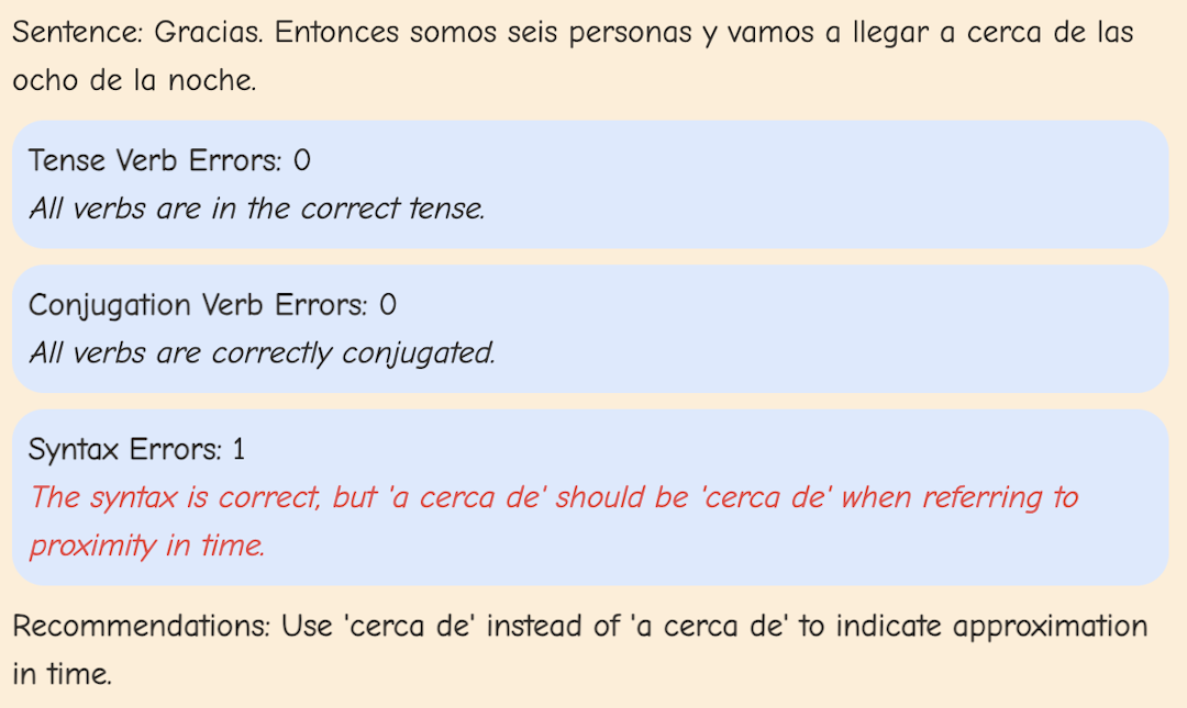 Sentence: Gracias. Entonces somos seis personas y vamos a llegar a cerca de las ocho de la noche.  Tense Verb Errors: 0 All verbs are in the correct tense.  Conjugation Verb Errors: 0 All verbs are correctly conjugated.  Syntax Errors: 1 The syntax is correct, but 'a cerca de' should be 'cerca de' when referring to proximity in time.  Recommendations: Use 'cerca de' instead of 'a cerca de' to indicate approximation in time.