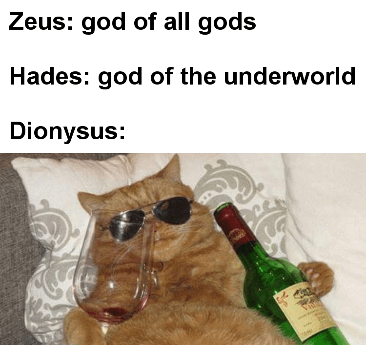 Zeus: king of all gods Hades: king of the underworld Dionysus: image of cat with sunglasses, bottle of wine and glass