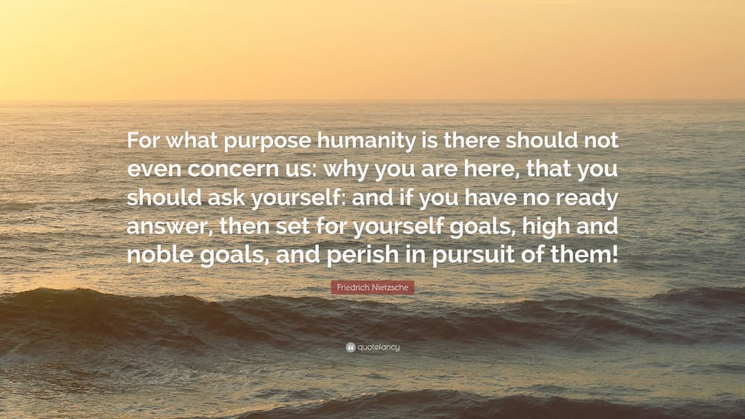 For what purpose humanity is there should not even concern us: why you are here, that you should ask yourself: and if you have no ready answer, then set for yourself goals, high and noble goals, and perish in pursuit of them! — Friedrich Nietzsche.