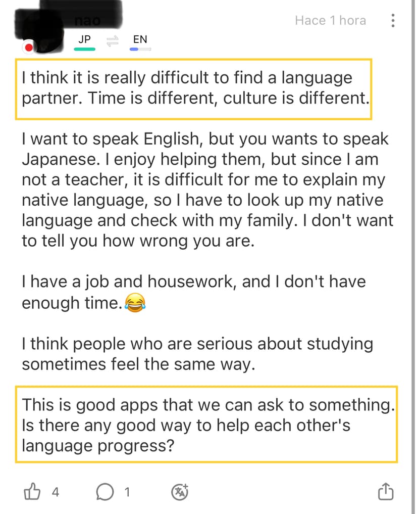 A screenshot showing a HelloTalk's user perspective on finding a suitable language partner.