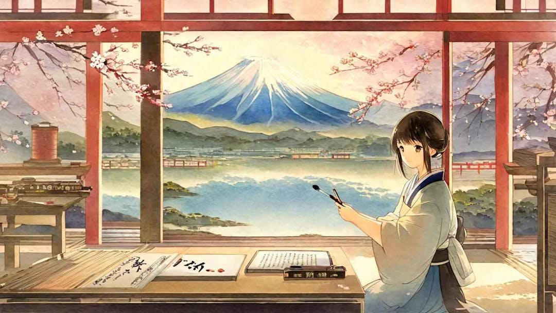 An ukiyoe style image of a woman sitting by a wooden desk practicing Japanese calligraphy with Fuji as the backdrop