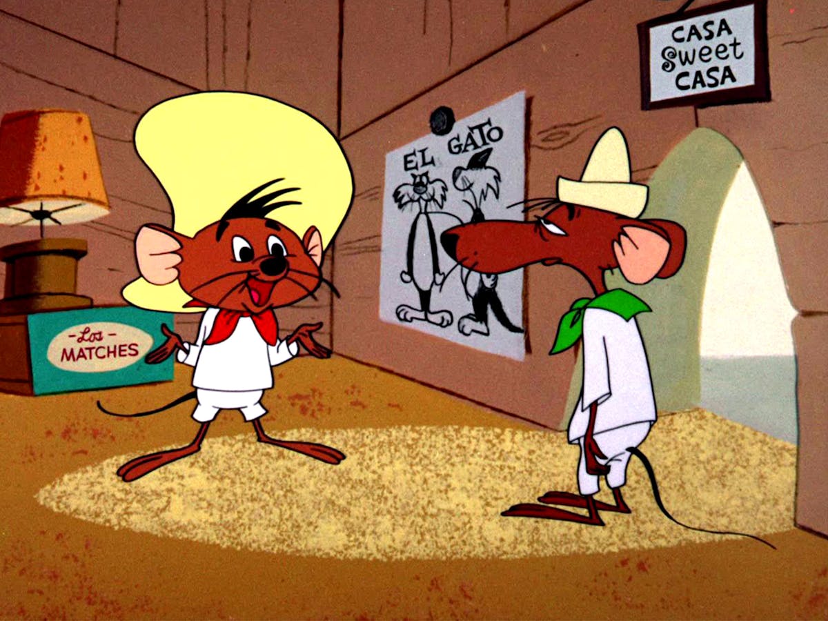 An image of Speedy Gonzales in his home gesturing to a fellow mouse.