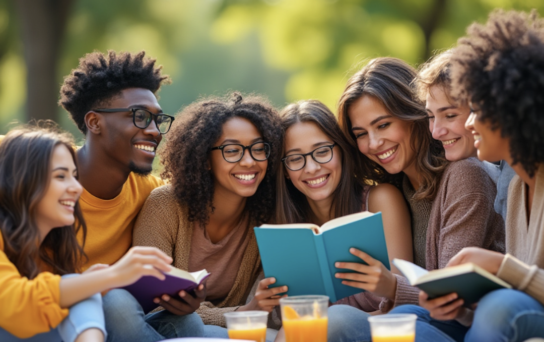 Young people rejoicing over books