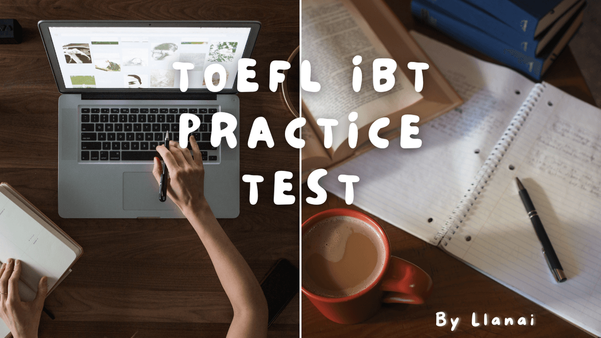 A student studying for the TOEFL iBT exam with books and a laptop.